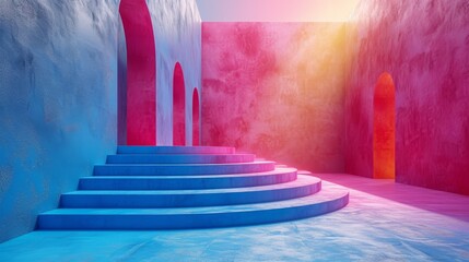 a set of blue and pink stairs leading to a red and white building with a bright light coming from the top of one of the stairs.