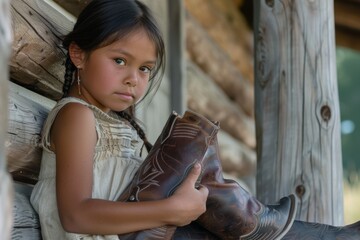 Young Native American girl holding a cowboy boot while sitting on a porch
