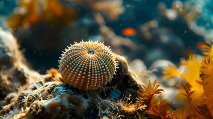 A solitary sea urchin resting amidst swaying underwater flora, its intricate patterns highlighted against a softly blurred coral reef background