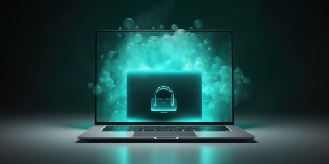 Turquoise cloud security laptop with lock, technology background texture pattern design backdrop with copy space for photo, cyber security hacker data tech concept