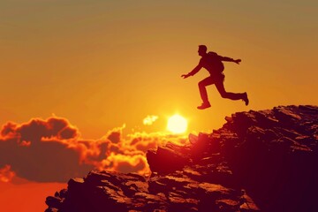 Man Jumping Off Cliff Into Ocean at Sunset