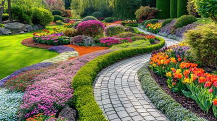 Obraz premium Beautiful home garden in full bloom. backyard landscape design