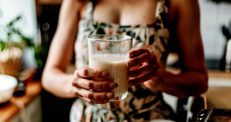 A woman with a glass of milk.