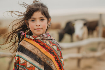 Young Latina girl in colorful poncho standing in a farm setting - obrazy, fototapety, plakaty