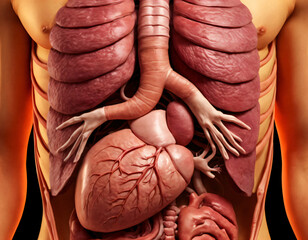 A schematic image of the human body through which you can see the human organs..
