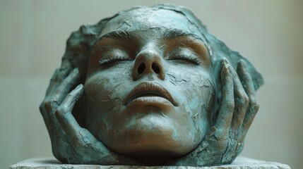a close up of a statue of a woman's face with her hands on her head and her eyes closed. - obrazy, fototapety, plakaty