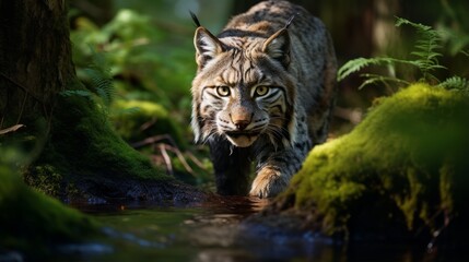 Lynx gracefully maneuvering through a lush green forest - obrazy, fototapety, plakaty
