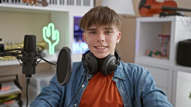 Smiling young man with headphones in a modern room featuring a neon cactus sign and a microphone.