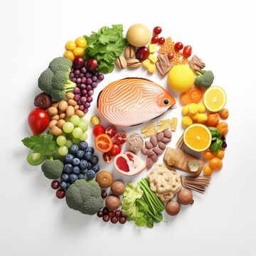 Creative organized pattern of nutrition rich food including meat, fish, fat, vegetable, fruit, milk, and nuts. Healthy diet arranged in abstract style, isolated on white background. Generative AI.