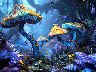 Magical 3D journey through a world of fantasy fungi, bacteria, and viruses, designed for text