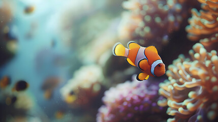 A vibrant clownfish gracefully gliding through crystal-clear waters, with a mesmerizing blur of colorful coral reefs in the background