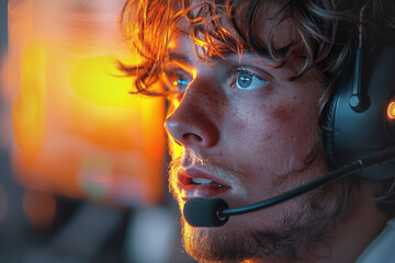 Young man with headset illuminated by computer screen glow displays intense concentration. Eyes reflect warmth and focus of immersive digital interaction