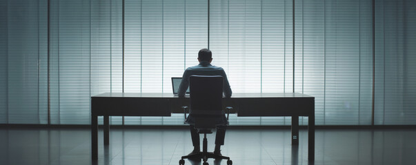 Silhouette of man working at desk with laptop in a dark office, blinds casting shadows in background