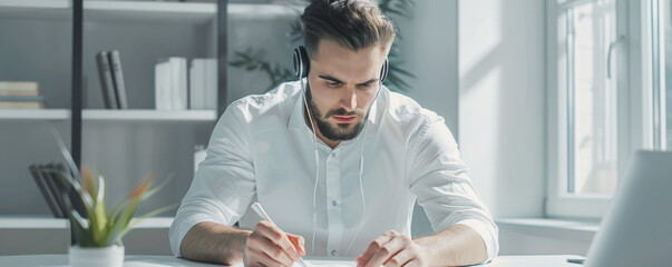 Focused man with headphones at a modern office desk, concentration on work in a bright environment