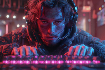 Intense young man wearing headset gaming at night, face lit by neon backlit keyboard. Mood of concentration and serious competition envelops scene
