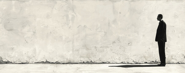 Man in suit stands against textured white wall, casting long shadow. Profile view, concept of solitude and contemplation