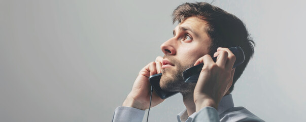 Concerned young man with beard on phone looking upwards. Expression of worry, gray shirt, indoors. Telemarketing and telesales