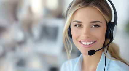 Smiling woman with headset, customer service representative. Bright eyes, cheerful demeanor, office environment