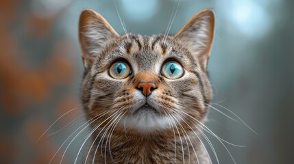 a close - up of a cat's face with blue eyes and whiskers on it's ears.