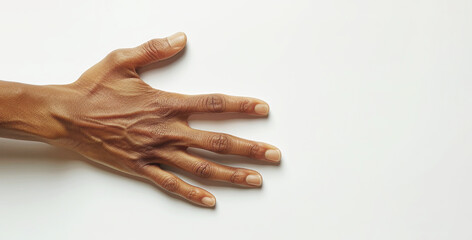 Human hand with light shining through, highlighting veins on white background. Warm skin tone, details of human touch