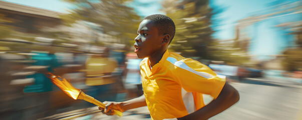 Young runner with Olympic Games torch in motion, focus on determination. Dynamic, sense of speed and purpose, feeling of sports event