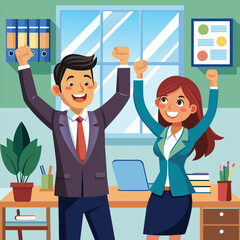 Bussiness man and a woman celebrating with arms raised in the air.