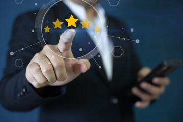 Customer service evaluation best excellent business rating experience concept. Man pressing five...