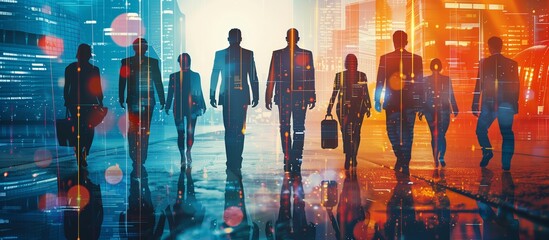 Back view group of business people executive standing in modern big city looking and dreaming of future business success business mission ambition and vision concept - obrazy, fototapety, plakaty