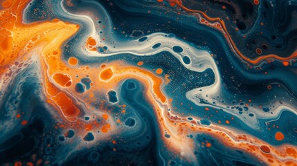 an abstract painting of blue, orange, and yellow swirls and drops of liquid on a black, white, orange, and blue background.