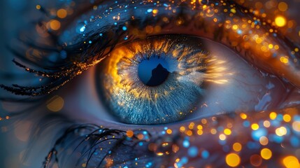 a close up of a person's blue eye with yellow and blue sparkles on it's iris. - obrazy, fototapety, plakaty