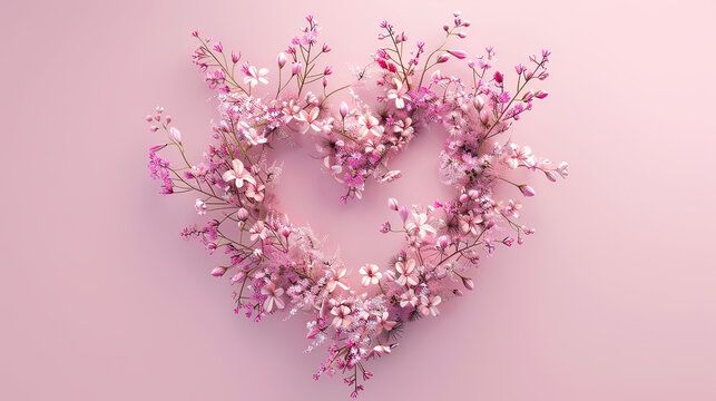 Delicate flowers arranged in a heart shape, 3D render, symbolizing love and nature