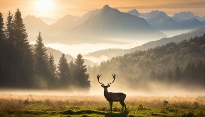 A large deer standing during sunrise in the middle of a meadow that is covered with fog in the background there are mountains and forests
