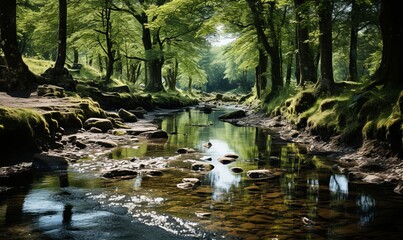 Lush Green Forest With Stream