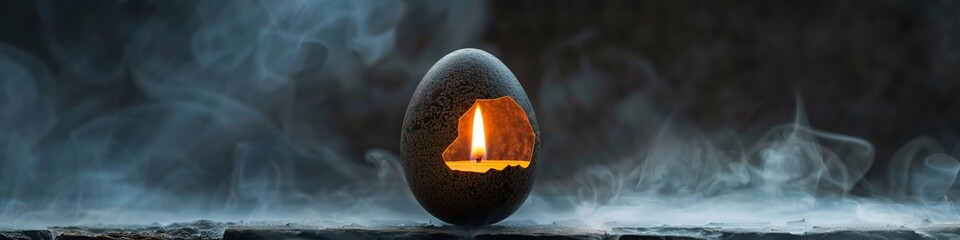 candle in a black egg shell with fog. - obrazy, fototapety, plakaty