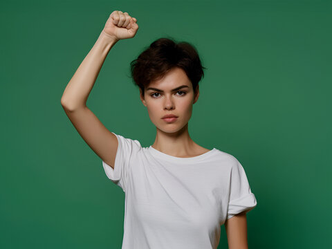 Portrait of beautiful Caucasian woman isolated over yellow background, showing muscles after workout. Health and strength concept.