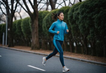 Fototapeta na wymiar Japanese woman in her 30s enjoying a morning run in a vibrant city, Capturing the determination of an Asian runner in motion wearing sports clothes