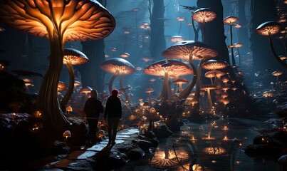 Group Walking Through Forest of Mushrooms