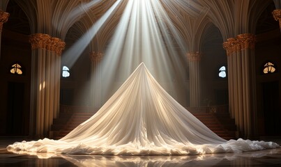 Wedding Dress Draped in Cathedral - obrazy, fototapety, plakaty