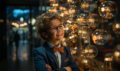 Young Boy in Glasses and Bow Tie - obrazy, fototapety, plakaty