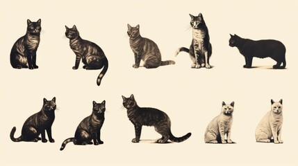 Vintage style cat clip art in sepia tones