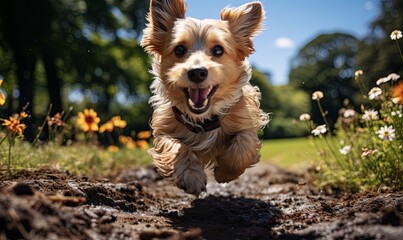 Small Dog Running Through Field of Flowers