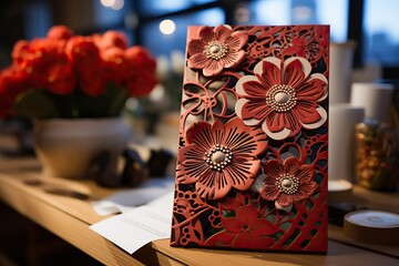 A red cut-out card with a floral design stands out, offering a modern artistic vibe