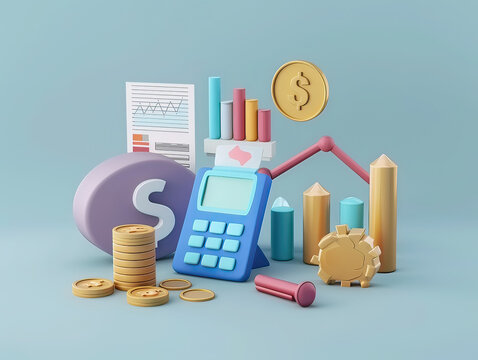 3D-rendered finance and business icons set, minimalist style, space for text