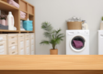 Wood table for display products on blurred laundry room