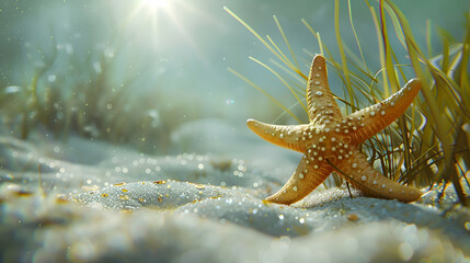 Delicate starfish gracefully adorning a sunlit seabed, surrounded by gently swaying sea grass
