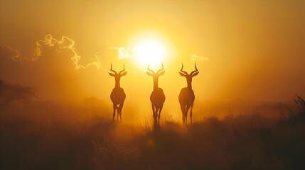 Elegant antelopes silhouetted against the setting sun, casting long shadows on the dusty African horizon