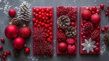 a set of three red christmas cards with pine cones, balls, ornaments, and pine cones on a gray surface.