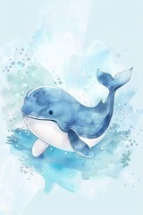Watercolor illustration of a cute blue whale on a blue background generated AI