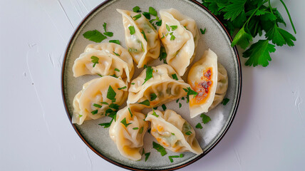 Plate of Japanese gyoza, dumplings, top view. Fried dumplings with herbs, light background. Background for the menu. Asian food, Chinese traditional dumplings