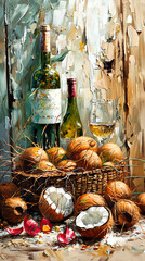 Obraz na płótnie Canvas Still life with coconuts and bottles of wine on wooden background. Oil painting.